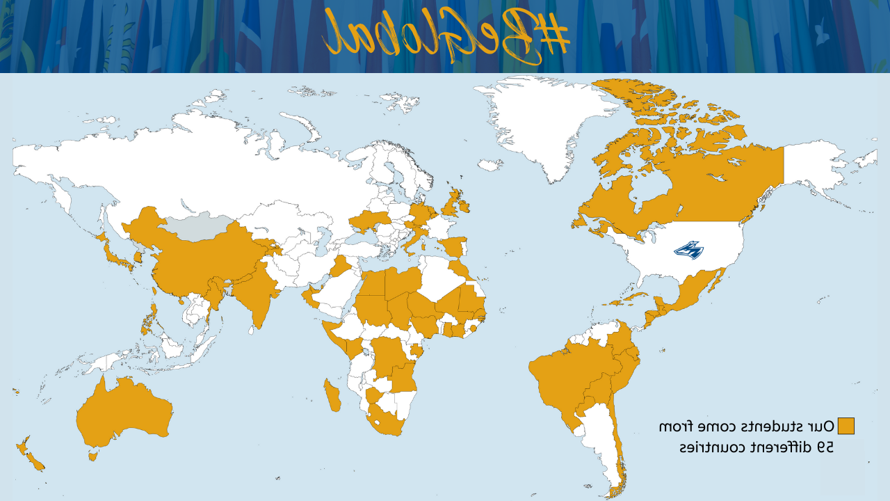 World map showing all 59 countries that bet36365体育 students come from.  Some of these include World map showing all 59 countries that bet36365体育 students come from.  Some of these include Spain, 萨尔瓦多, 加拿大, 阿曼, 危地马拉, 韩国, 古巴, 中国, 尼泊尔, 墨西哥, 和日本